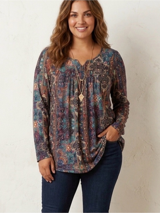 Unbranded Tops - Bohemian Paisley Floral Print Henley Tunic Blouse Plus Size XXL NWT